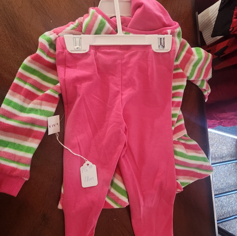 Girls Fleece Hoodie Tunic & Leggings Set Pink Green Striped Size 18M NWT - Picture 5 of 5